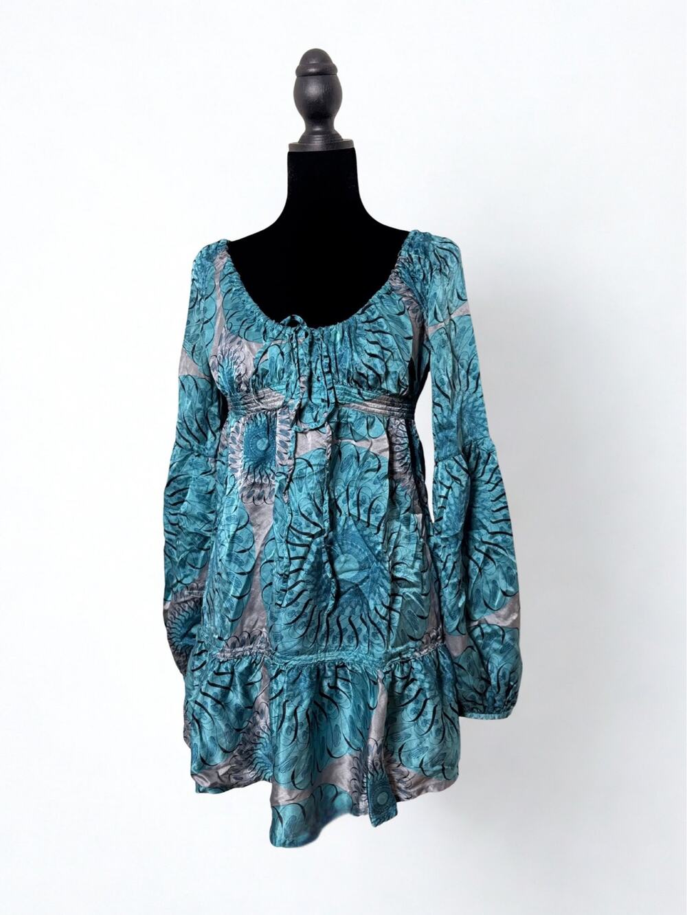 Custo Barcelona Blue Silver Silk Babydoll Long Sleeve Top / Micromini Dress